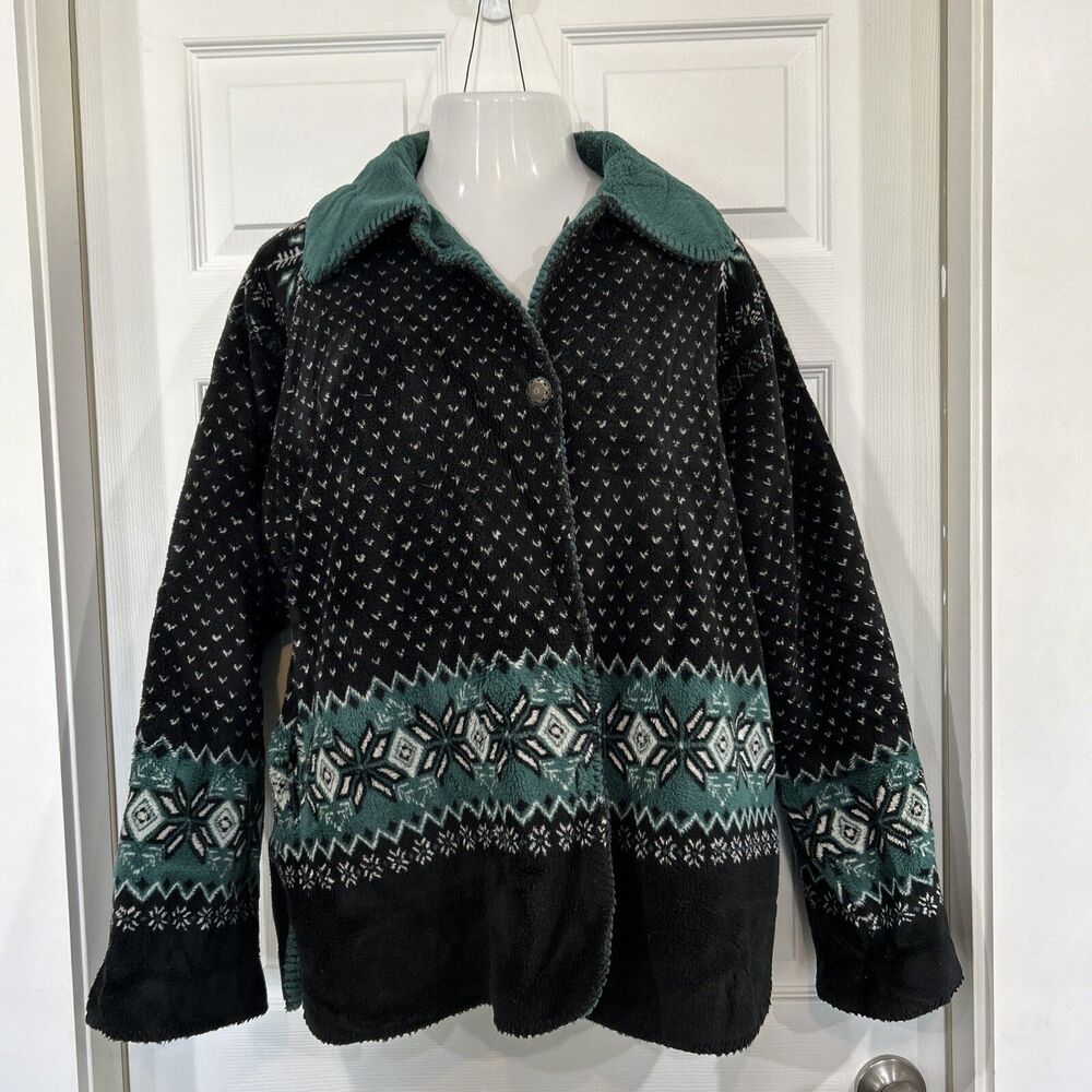Denali Women's M Thick Reversible Fleece Coat Jacket Green Snowflake Geometric